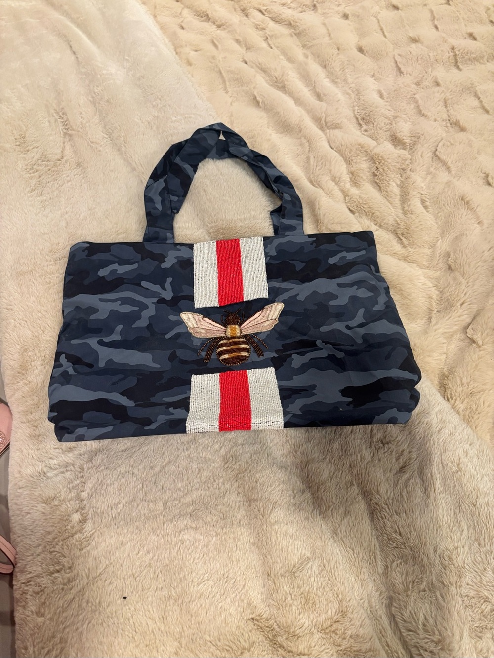 Tiana York Camouflage Bee Embroidered Tote Bag with Red-White Stripe
